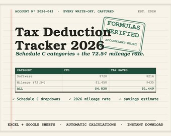 Hoja de cálculo para el seguimiento de deducciones fiscales 2026 (Excel, Google Sheets) / Registro de kilometraje (IRS 72.5 centavos) / Plantilla del Anexo C para la deducción de pequeñas empresas