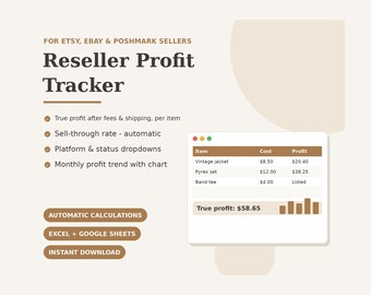 Hoja de cálculo para revendedores (Excel, Google Sheets) / Seguimiento de ganancias de inventario (Poshmark, eBay, Mercari) / Plantilla de ventas para negocios de reventa