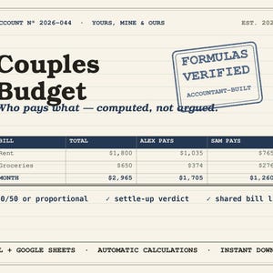 Puede incluir: Una plantilla de presupuesto digital titulada Couples Budget con el texto Who pays what — computed, not argued. Incluye una tabla que detalla los gastos de alquiler y comestibles para Alex y Sam, un sello Formulas Verified y notas para Excel y Google Sheets.