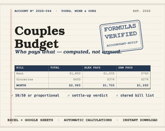 Hoja de cálculo de presupuesto para parejas (Excel, Google Sheets) / Calculadora de división de facturas para finanzas conjuntas (50/50 o proporcional) / Seguimiento de quién le debe a quién
