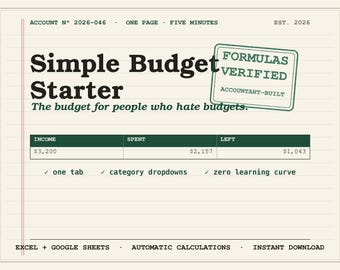 Plantilla de presupuesto sencilla para Excel y Google Sheets / Plantilla de presupuesto mensual fácil para principiantes / Rastreador de dinero minimalista de una página