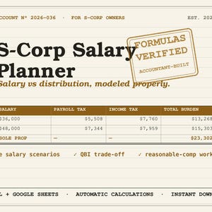 May include: An S-Corp Salary Planner document featuring a table with columns for salary, payroll tax, income tax, and total burden. The page includes the text Formulas Verified, Accountant-Built, and lists features like five salary scenarios.