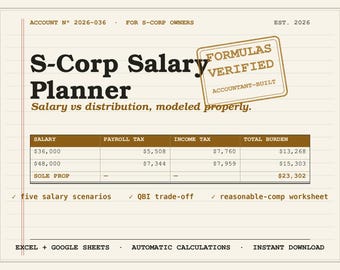 Calculadora de salarios para corporaciones S 2026 / Planificador de compensación razonable en Excel y Google Sheets / Hoja de cálculo de impuestos sobre la distribución de pagos de propietarios de corporaciones S