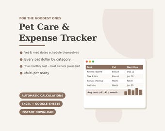 Hoja de cálculo para el cuidado de mascotas (Excel, Google Sheets) / Registro de salud de perros y gatos / Plantilla de presupuesto de gastos médicos para mascotas