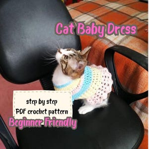May include: A small cat wearing a pastel-colored crochet dress with blue, yellow, and pink horizontal stripes. The image includes the text Cat Baby Dress and step by step PDF crochet pattern Beginner Friendly in pink and black lettering.