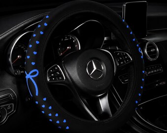 Cute Blue Love Heart Bow Steering Wheel Cover – Car Wheel Cover, No Inner Ring, Universal Fit 14.5–15 inch, Women's Car Decor Gift