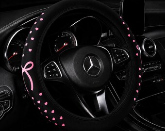 Cute Pink Love Heart Bow Steering Wheel Cover – Car Wheel Cover, No Inner Ring, Universal Fit 14.5–15 inch, Women's Car Decor Gift