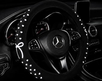 Cute White Love Heart Bow Steering Wheel Cover – Car Wheel Cover, No Inner Ring, Universal Fit 14.5–15 inch, Women's Car Decor Gift