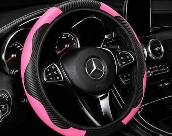 Sport Black & Pink Carbon Fiber Steering Wheel Cover – 14.5-15" Universal Fit, Non-Slip Synthetic Car Wheel Protector