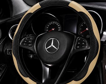 Sport Black & Beige Carbon Fiber Steering Wheel Cover – 14.5-15" Universal Fit, Non-Slip Synthetic Car Wheel Protector