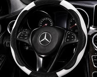 Sport Black & White Carbon Fiber Steering Wheel Cover – 14.5-15" Universal Fit, Non-Slip Synthetic Car Wheel Protector