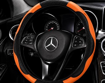 Luxury Black Carbon Fiber PU Leather Steering Wheel Cover – Orange Trim Car Wheel Cover, No Inner Ring, Universal Fit 14.5–15 inch