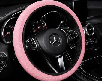 Luxury Pink Star Embossed PU Leather Steering Wheel Cover – 3D Car Wheel Cover, No Inner Ring, Universal Fit 14.5–15 inch, Women's Car Decor