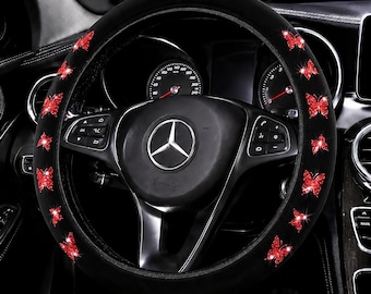 Sparkling Red Butterfly Steering Wheel Cover – Luxury Rhinestone Car Wheel Cover, Anti-Slip Universal Fit 14.5–15 inch, Elegant Car Decor