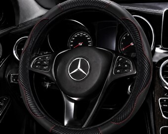 Luxury Black Carbon Fiber PU Leather Steering Wheel Cover – Red Stitching Car Wheel Cover, No Inner Ring, Universal Fit 14.5–15 inch