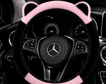 Cute Black & Pink Plush Cat Ear Steering Wheel Cover – Soft Fur Anti-Slip Car Wheel Cover, No Inner Ring, Universal Fit 14.5–15 inch