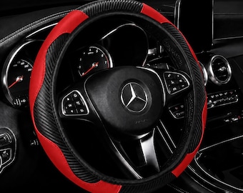 Sport Black & Red Carbon Fiber Steering Wheel Cover – 14.5-15" Universal Fit, Non-Slip Synthetic Car Wheel Protector
