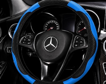 Sport Black & Blue Carbon Fiber Steering Wheel Cover – 14.5-15" Universal Fit, Non-Slip Synthetic Car Wheel Protector