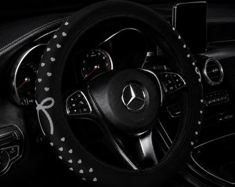 Cute Grey Love Heart Bow Steering Wheel Cover – Car Wheel Cover, No Inner Ring, Universal Fit 14.5–15 inch, Women's Car Decor Gift