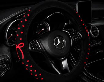 Cute Red Love Heart Bow Steering Wheel Cover – Car Wheel Cover, No Inner Ring, Universal Fit 14.5–15 inch, Women's Car Decor Gift