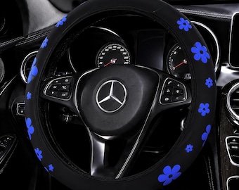 Cute Blue Flower Steering Wheel Cover – Diving Material Foam Car Wheel Cover, No Inner Ring, Universal Fit 14.5–15 inch, Women's Car Decor