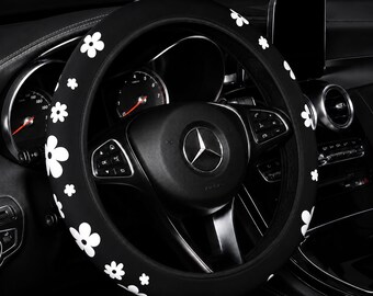 Cute White Flower Steering Wheel Cover – Diving Material Foam Car Wheel Cover, No Inner Ring, Universal Fit 37-38cm, Women's Car Decor Gift