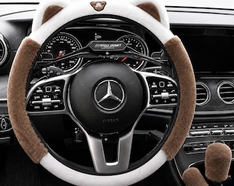 Cute Brown & White Plush Cat Ear Steering Wheel Cover – 3 Piece Soft Fur Car Wheel Cover Set, No Inner Ring, Universal Fit 37-38cm
