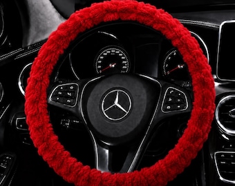Luxury Soft Red Rabbit Fur Steering Wheel Cover – 3D Plush Car Wheel Cover, No Inner Ring, Universal Fit 14.5–15 inch, Women's Car Decor