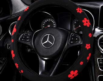 Cute Red Flower Steering Wheel Cover – Diving Material Foam Car Wheel Cover, No Inner Ring, Universal Fit 14.5–15 inch, Women's Car Decor