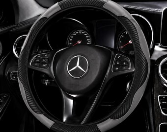 Luxury Black Carbon Fiber PU Leather Steering Wheel Cover – Grey Trim Car Wheel Cover, No Inner Ring, Universal Fit 14.5–15 inch