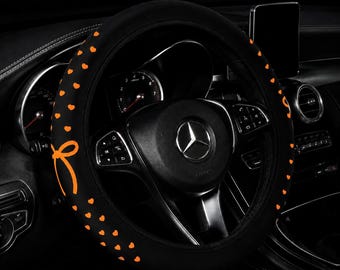 Cute Orange Love Heart Bow Steering Wheel Cover – Car Wheel Cover, No Inner Ring, Universal Fit 14.5–15 inch, Women's Car Decor Gift