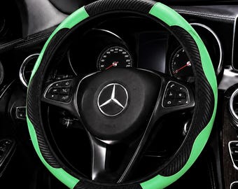 Sport Black & Green Carbon Fiber Steering Wheel Cover – 14.5-15" Universal Fit, Non-Slip Synthetic Car Wheel Protector