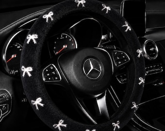 Luxury Black Bowknot Plush Steering Wheel Cover – Soft Cute Car Decor Gift