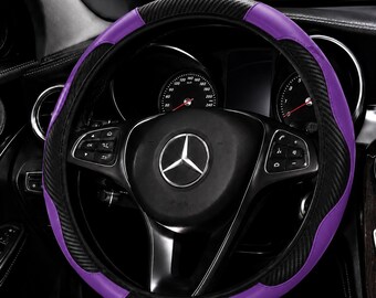 Luxury Black Carbon Fiber PU Leather Steering Wheel Cover – Purple Trim Car Wheel Cover, No Inner Ring, Universal Fit 14.5–15 inch