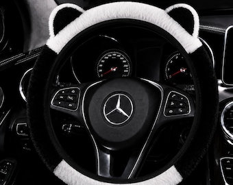Cute Black & White Plush Cat Ear Steering Wheel Cover – Soft Fur Anti-Slip Car Wheel Cover, No Inner Ring, Universal Fit 14.5–15 inch