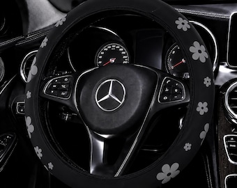 Cute Grey Flower Steering Wheel Cover – Diving Material Foam Car Wheel Cover, No Inner Ring, Universal Fit 14.5–15 inch, Women's Car Decor