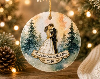Primo Natale da marito e moglie, ornamento personalizzato per matrimonio con nomi e data, regalo personalizzato in ceramica per novelli sposi