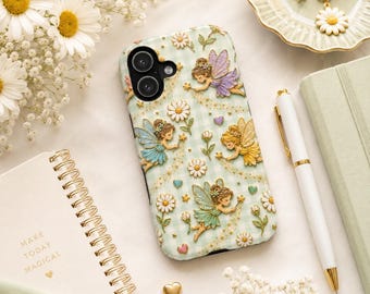 Custodia per telefono con fata margherita, custodia con fata a quadretti verde salvia, graziosa stampa floreale con fata dalle ali scintillanti, custodia per iPhone Fairycore, regalo