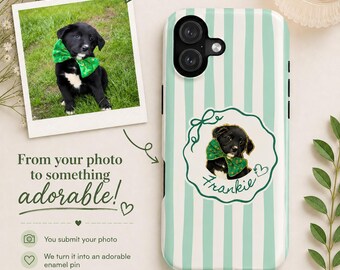 Custom Pet Portrait Phone Case, Personalized Dog Name Case, Enamel Pin Style Pet Illustration, Green Striped iPhone Case, Gift