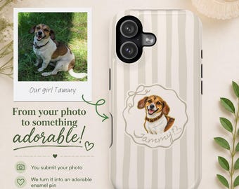 Custom Pet Portrait Phone Case, Personalized Dog Name Case, Enamel Pin Style Pet Illustration, Beige Striped iPhone Case, Gift