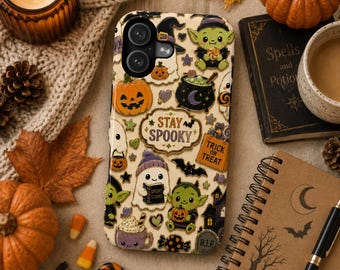 Custodia per telefono Stay Spooky Halloween, custodia con simpatico fantasma goblin kawaii, stampa Jack O'Lantern Trick or Treat, custodia per iPhone con storie spettrali