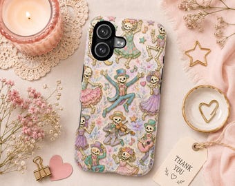 Custodia per telefono con scheletro danzante pastello, graziosa cover gotica floreale con scheletro, custodia musicale con scheletro per iPhone, Samsung Galaxy