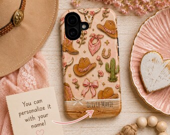 Custodia per telefono Western personalizzata, custodia Cowgirl Boho personalizzata con nome, stampa cappello da cowboy, cactus e bandana, custodia iPhone Western rosa, regalo