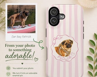 Custodia per telefono personalizzata con ritratto di animale domestico, custodia personalizzata con nome del cane, illustrazione di animale domestico in stile spilla smaltata, custodia per iPhone a righe rosa, regalo