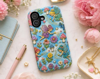 Custodia per telefono con giardino delle fate, custodia con fungo fatato stravagante, graziosa stampa con bacchetta magica e fiori scintillanti, custodia per iPhone in stile fairycore, regalo