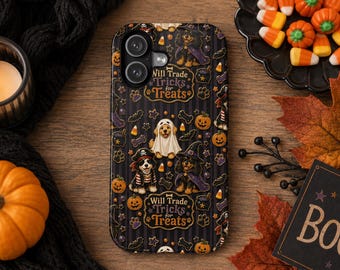Cover per telefono a tema Halloween con cani, simpatica cover spettrale per animali domestici, cani fantasma, strega, pirata, cover per telefono "Dolcetto o scherzetto", regalo autunnale per gli amanti dei cani