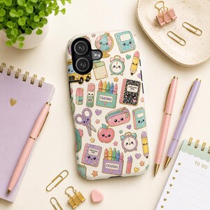 Pastel Kawaii School Supplies Phone Case, Cute Back to School Case, Colorful Crayons Composition Book Print, Teacher Gift, iPhone Case