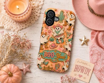 Custodia per telefono Boo Haw Cowgirl Ghost, cover rosa Western Halloween, custodia con simpatico cappello da cowboy fantasma per iPhone, Samsung Galaxy