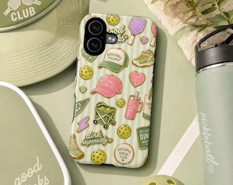 Custodia per telefono con adesivo da pickleball, custodia sportiva con ragazza appassionata di pickleball, stampa verde salvia "Dink Responsably", custodia per iPhone regalo per amanti del pickleball