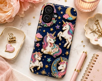 Custodia per telefono unicorno magico, custodia unicorno cielo notturno celeste, graziosa stampa luna e stelle dorate, custodia per iPhone unicorno con criniera arcobaleno